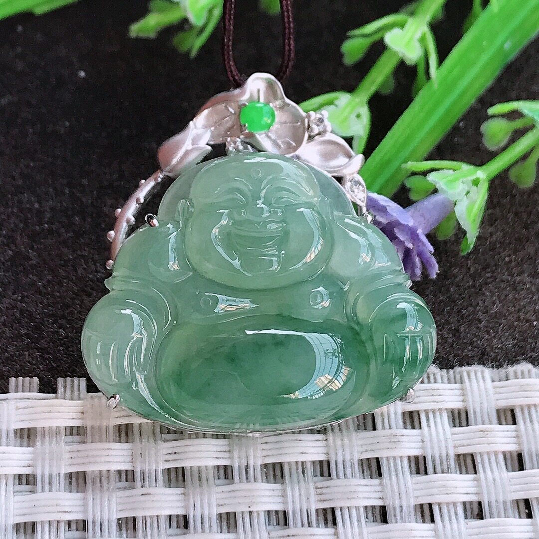 A货翡翠30.8/29.8/8.5老坑18k金镶嵌冰胶满色飘花佛公吊坠翡翠