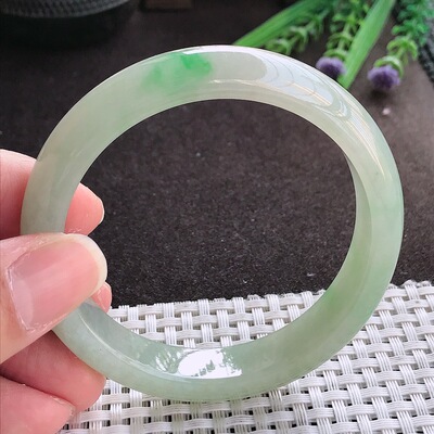 翡翠A货57.5/12.6/7.8老坑冰胶水灵冰晴飘绿手镯宽边翡翠玉镯女款