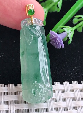 A货翡翠36.3/13.4/6老坑18k金镶嵌果冻胶冰飘花节节高竹节吊坠