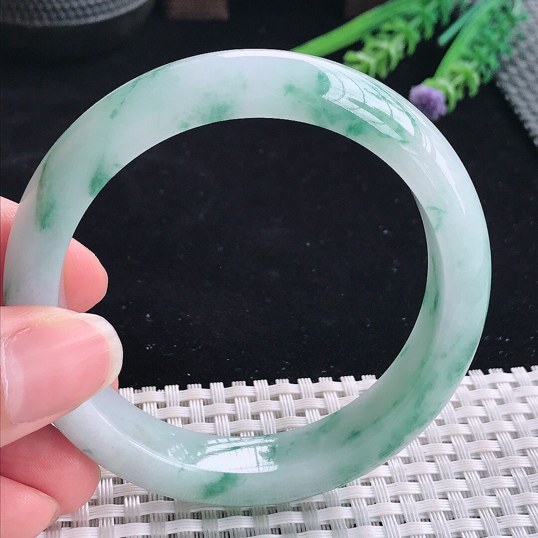 A货翡翠57.5/12.6/8.7老坑冰润起胶飘蓝花手镯翡翠飘花玉镯平安镯