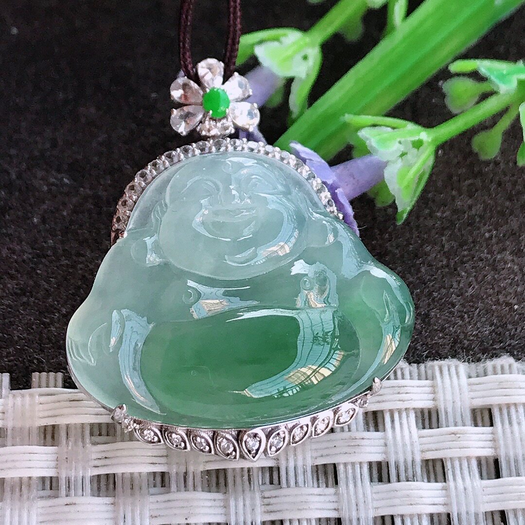 A货翡翠30.6/26.2/8.3老坑18k金镶嵌冰种飘花佛公吊坠翡翠玉佛