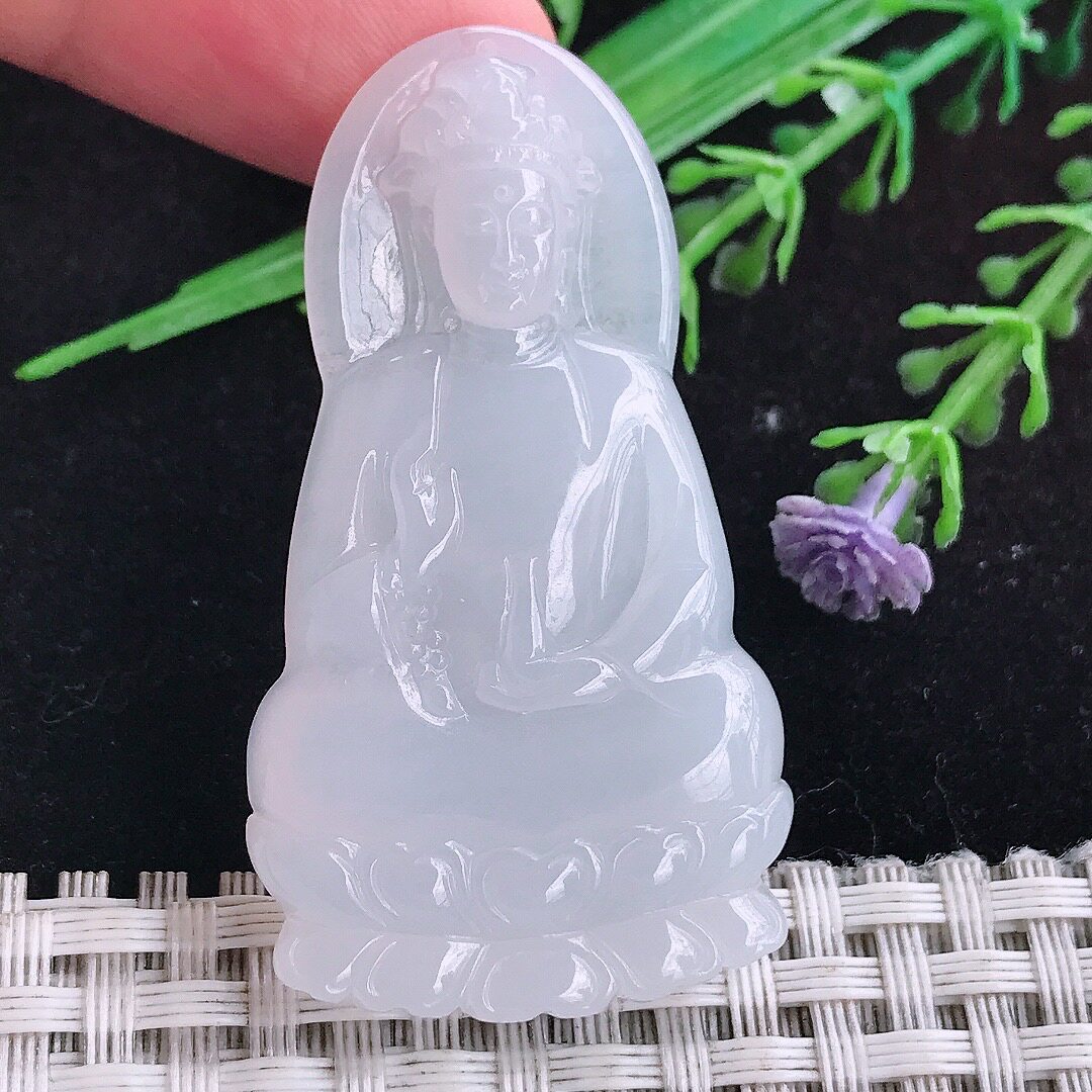实拍A货翡翠50.5/28/5.5老坑冰润起胶白月光赐福观音吊坠翡翠玉