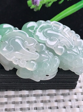 实拍A货翡翠45.2/21/12.2老坑冰胶果冻冰晴绿貔貅吊坠一对