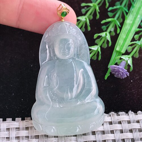 实拍A货翡翠50/32/4.4老坑48k金镶嵌冰种素衣观音吊坠翡翠玉挂件