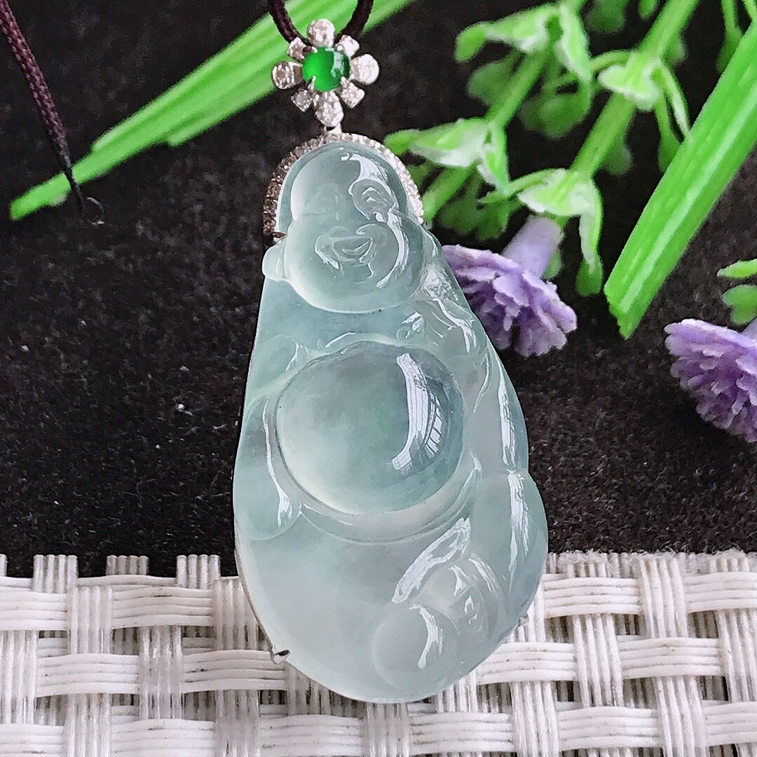 A货翡翠38.4/17.6/7.5老坑18k金镶嵌冰种佛公吊坠翡翠白冰玉佛