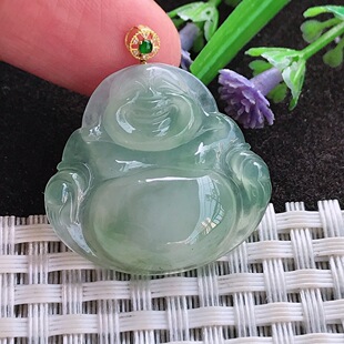 A货翡翠26 5.3老坑18k金镶嵌冰晴绿佛公吊坠翡翠玉牌挂件 28.2