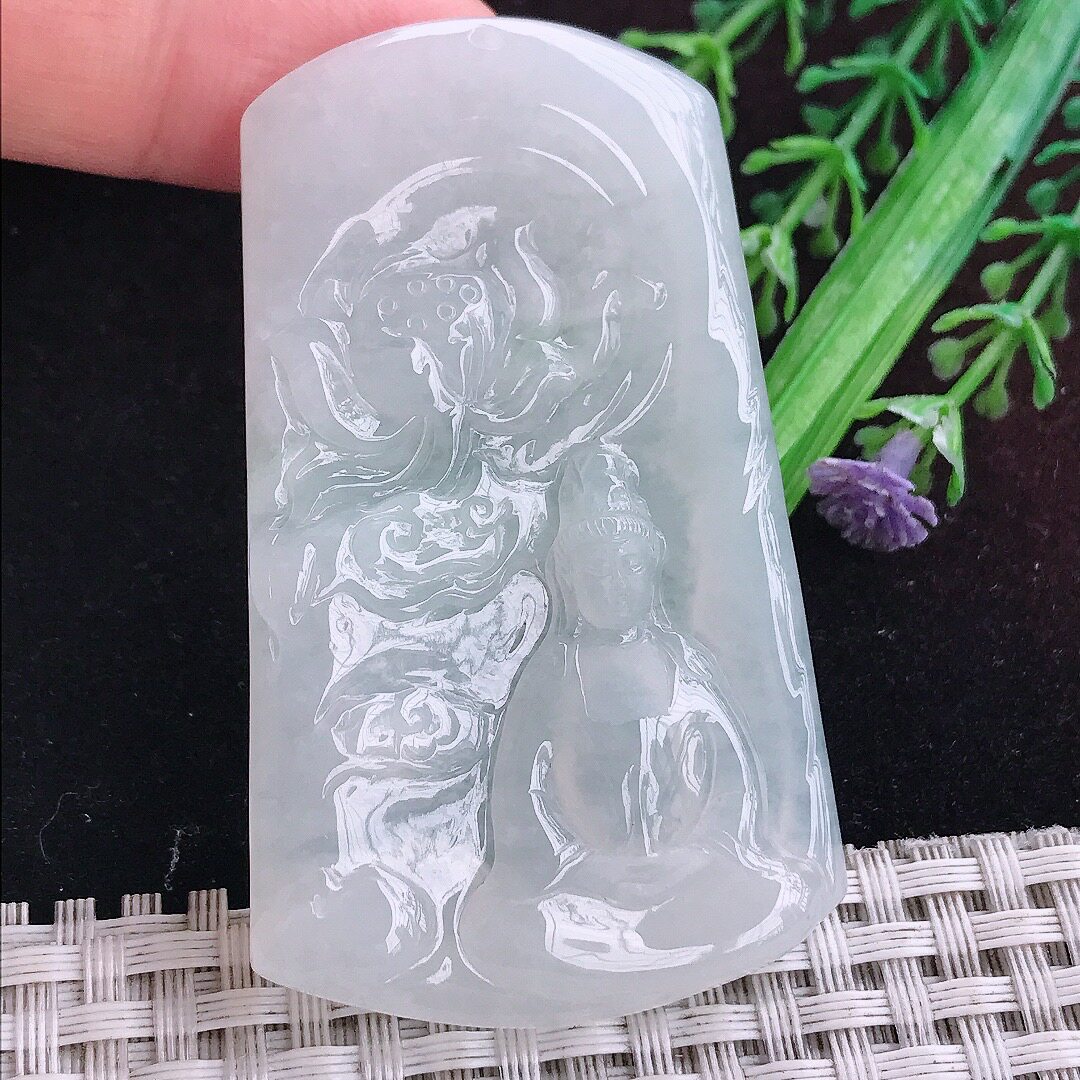 实拍A货翡翠64/38/5.2老坑冰润起胶白冰赐福观音吊坠翡翠玉挂件