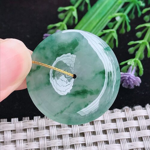 实拍A货翡翠32.4/5.6老坑冰胶冰飘花平安扣吊坠翡翠挂件玉扣