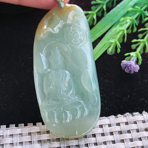 实拍A货翡翠63/30/5.6老坑冰胶晴底飘黄翡观音菩萨吊坠翡翠挂件玉