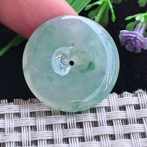 实拍A货翡翠26.6/4.9老坑冰胶果冻冰飘花平安扣吊坠翡翠玉扣挂件