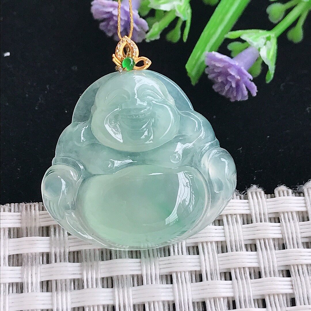 A货翡翠25.5/27.8/6.2老坑18k金镶嵌冰种冰晴绿佛公吊坠翡翠玉佛