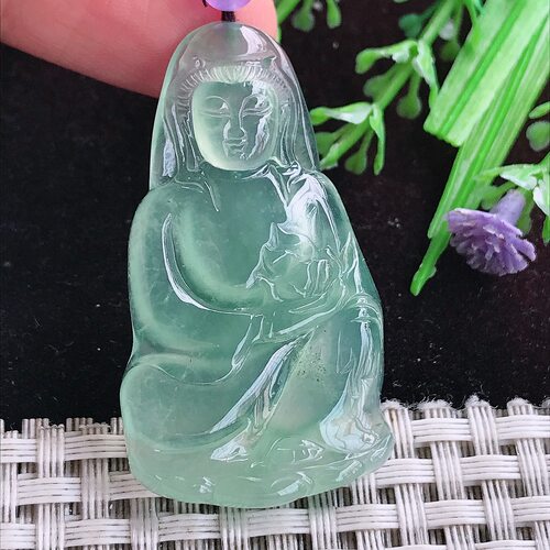 实拍A货翡翠44.6/25/4.2老坑冰种冰晴满绿赐福观音吊坠翡翠玉挂件