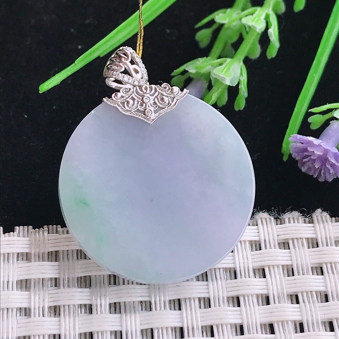 A货翡翠27.8/3.5老坑18k金镶嵌冰润紫罗兰圆牌吊坠翡翠玉无事牌