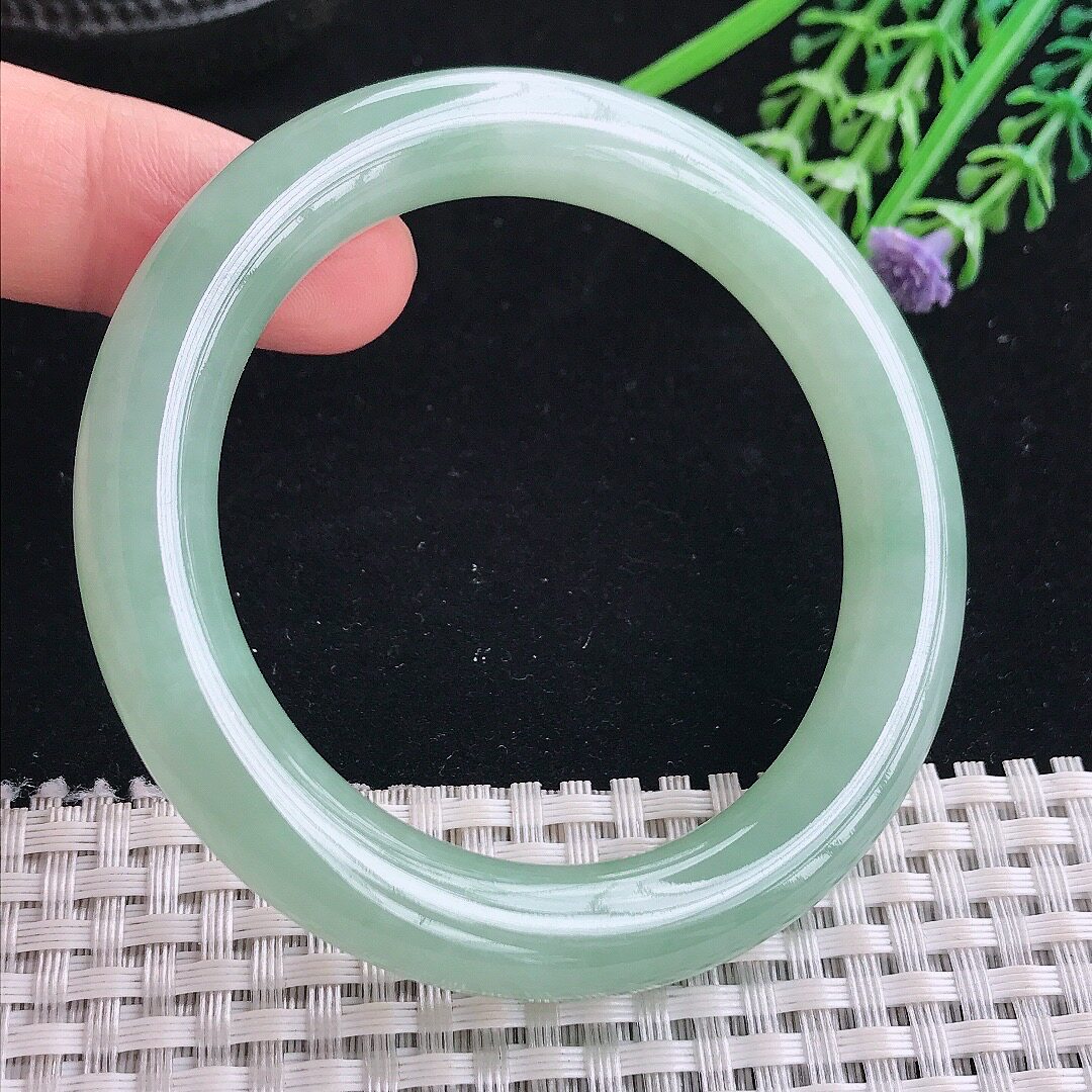 A货翡翠52.5/10/9.5老坑冰胶果冻冰晴满绿圆条手镯翡翠玉镯平安镯