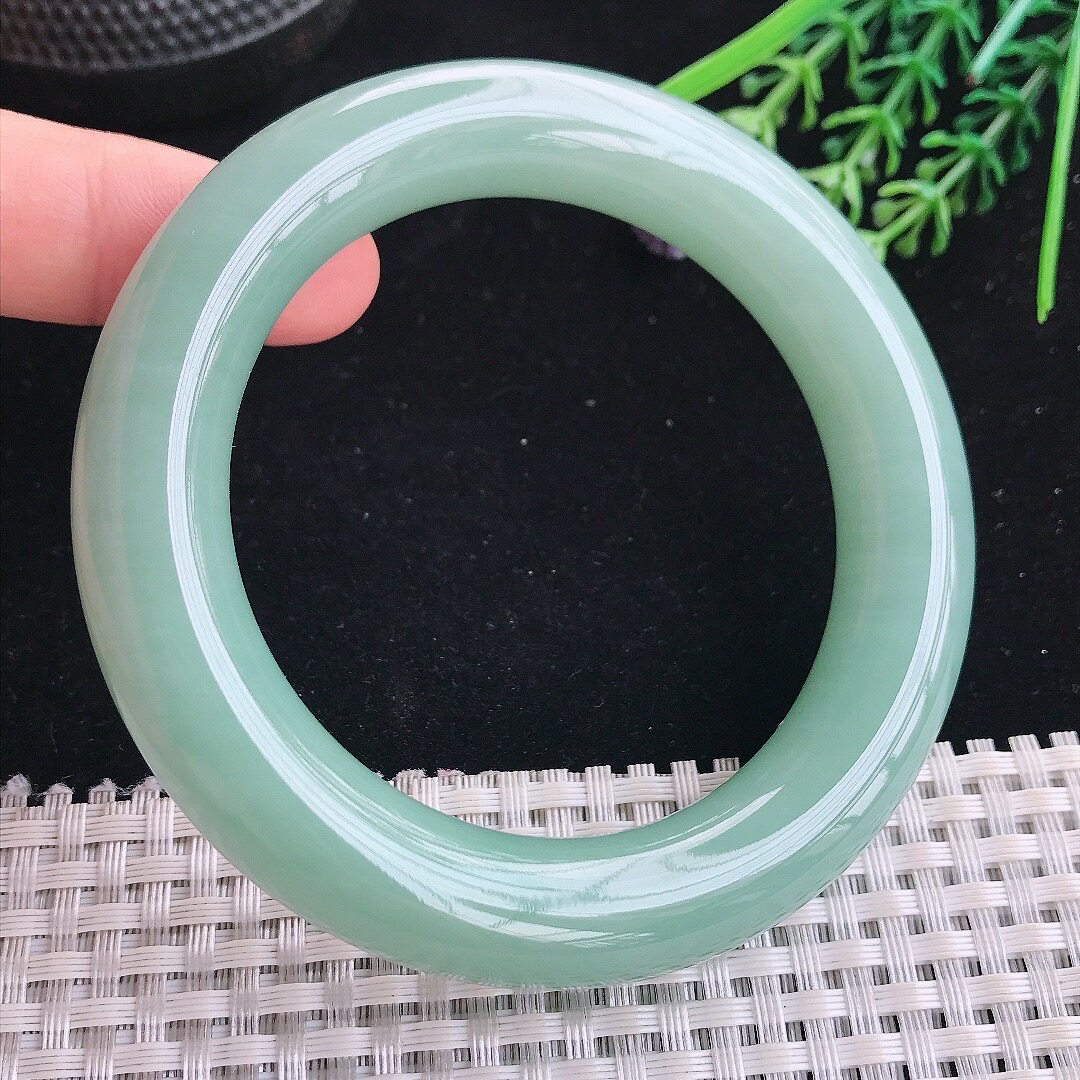 A货翡翠57.7/13.1/12.2老坑冰润起胶冰晴满绿圆条手镯玉镯平安镯