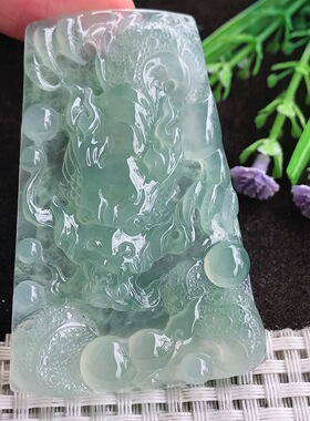 A货翡翠62.3/42.5/6老坑冰种果冻胶冰晴绿霸气龙牌吊坠翡翠挂件