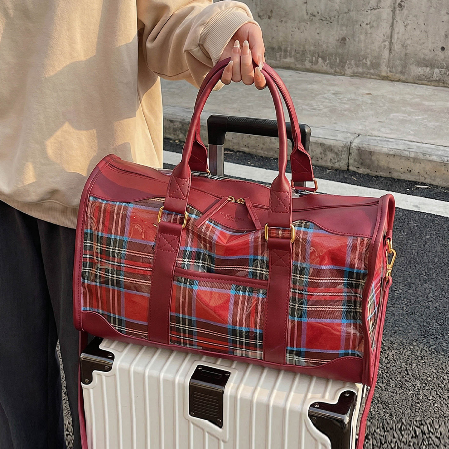 透明包包女式2025新款波士顿手提包大容量通勤单肩斜挎短途旅行包,箱包皮具/热销女包/男包,通用款女包,淘宝优惠券,粉丝福利购,淘宝优惠卷