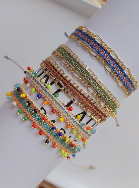 哥伦比亚风复古民族风手工编织织带手绳百搭彩色钉珠链条手链女
