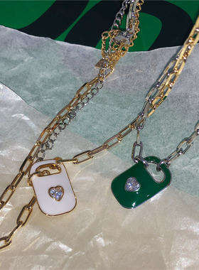 LONGBAOACC品质推荐 小众时尚几何滴釉锆石爱心吊坠百搭短项链女