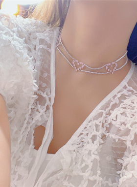 粉锆爱心拼接双层项链