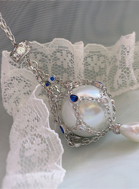 法式轻奢高级感小众网兜珍珠项链女百搭气质蓝色镶钻可调锁骨链潮