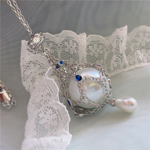 法式轻奢高级感小众网兜珍珠项链女百搭气质蓝色镶钻可调锁骨链潮