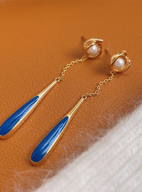 法式复古精致蓝色水滴耳环女小众设计感高级百搭气质长款珐琅耳饰