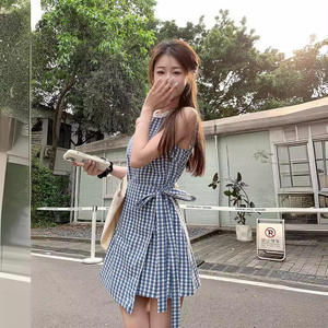 港味复古圆领无袖仿牛仔背心连衣裙夏季小众设计系带收腰A字短裙