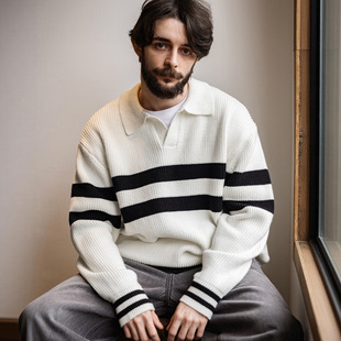 MRA男装 潮冬 IVY海鸥领POLO毛衣学院老钱风条纹白色加厚翻领针织衫