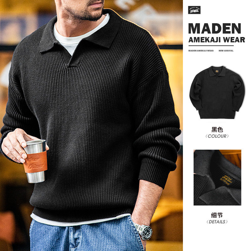 马登工装 美式复古翻领polo衫宽松慵懒套头坑条针织衫毛衣男秋冬,男装,针织衫/毛衣,淘宝优惠券,粉丝福利购,淘宝优惠卷