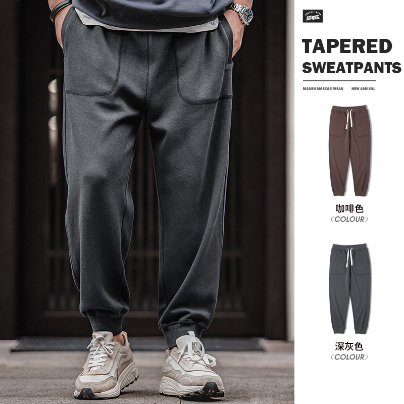 马登工装日系复古抽绳松紧腰针织卫裤收口小脚锥形裤运动长裤子男