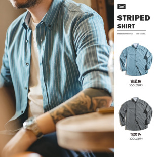 美式 衬衣男士 复古磨毛蓝色竖条纹衬衫 商务休闲长袖 寸 春季 马登工装