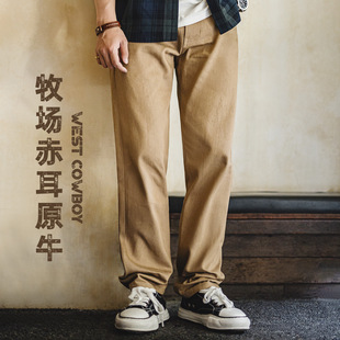 马登工装美式复古西部牛仔裤卡其棕色直筒黄石赤耳原牛休闲裤男秋