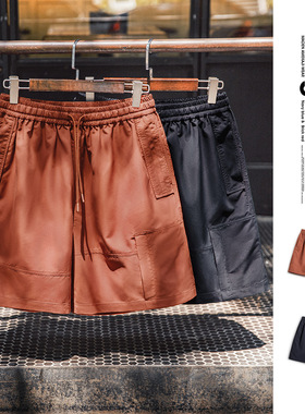 马登工装美式红色短裤抽绳松紧腰直筒宽松外穿大口袋五分裤男夏季