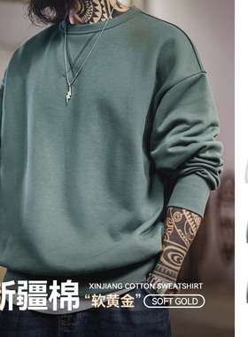 马登工装美式新疆棉卫衣紫色圆领套头无帽外穿宽松长袖外套男款春