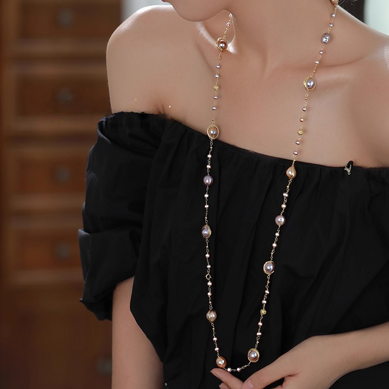 天然巴洛克珍珠项链女紫色链条长款毛衣链高级感多层叠戴轻奢颈链