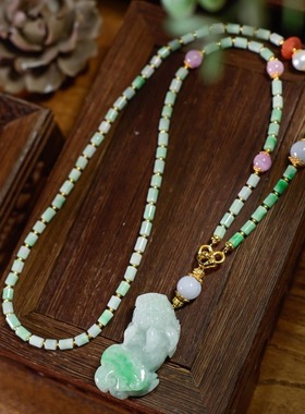 天然A货翡翠竹节项链女国风貔貅吊坠长款毛衣链南红紫锂辉多宝链