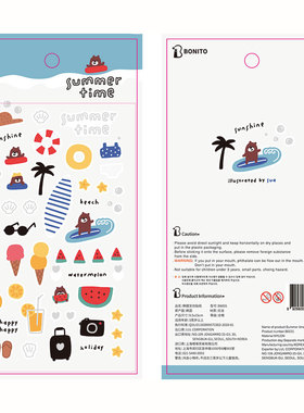韩国Bonito贴纸 summer time 夏日时光度假美食手帐素材装饰贴画