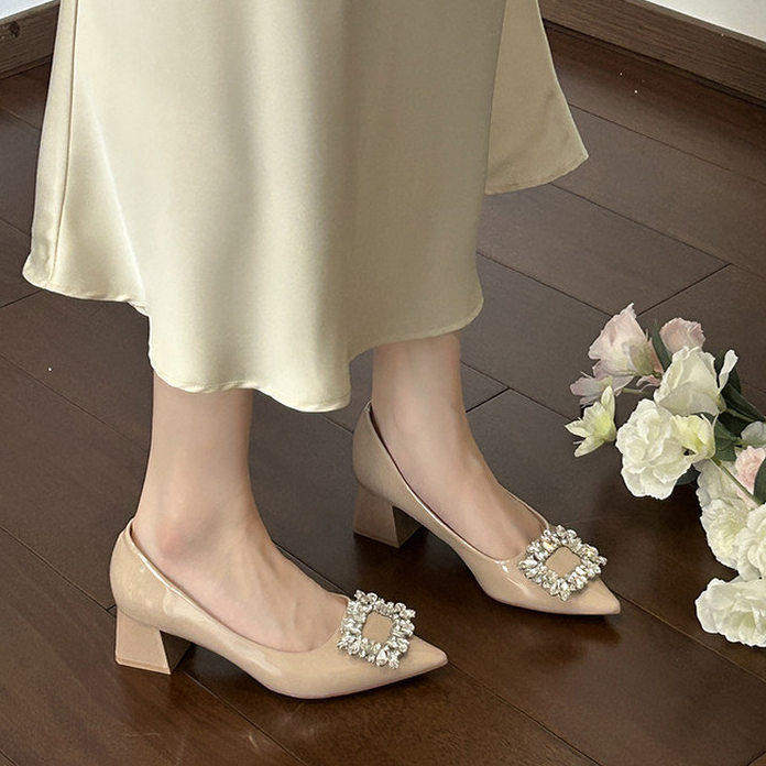 软皮版~粗跟单鞋女配裙子百搭一脚蹬淑女风水钻方扣尖头浅口瓢鞋,女鞋,浅口单鞋,淘宝优惠券,粉丝福利购,淘宝优惠卷