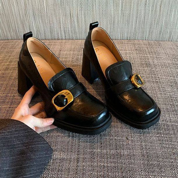 2026新款复古方头女英伦风粗跟一脚蹬乐福鞋高跟小单鞋软皮版鞋子,女鞋,深口单鞋,淘宝优惠券,粉丝福利购,淘宝优惠卷