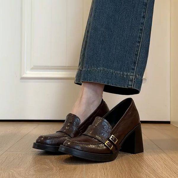 2026春秋新款软皮软皮版英伦风百搭小皮鞋7CM粗高跟单鞋女乐福鞋,女鞋,深口单鞋,淘宝优惠券,粉丝福利购,淘宝优惠卷