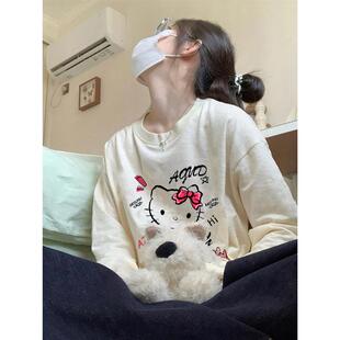 设计感凯蒂猫印花t恤上衣女小众宽松纯棉内搭圆领体恤秋冬打底衫