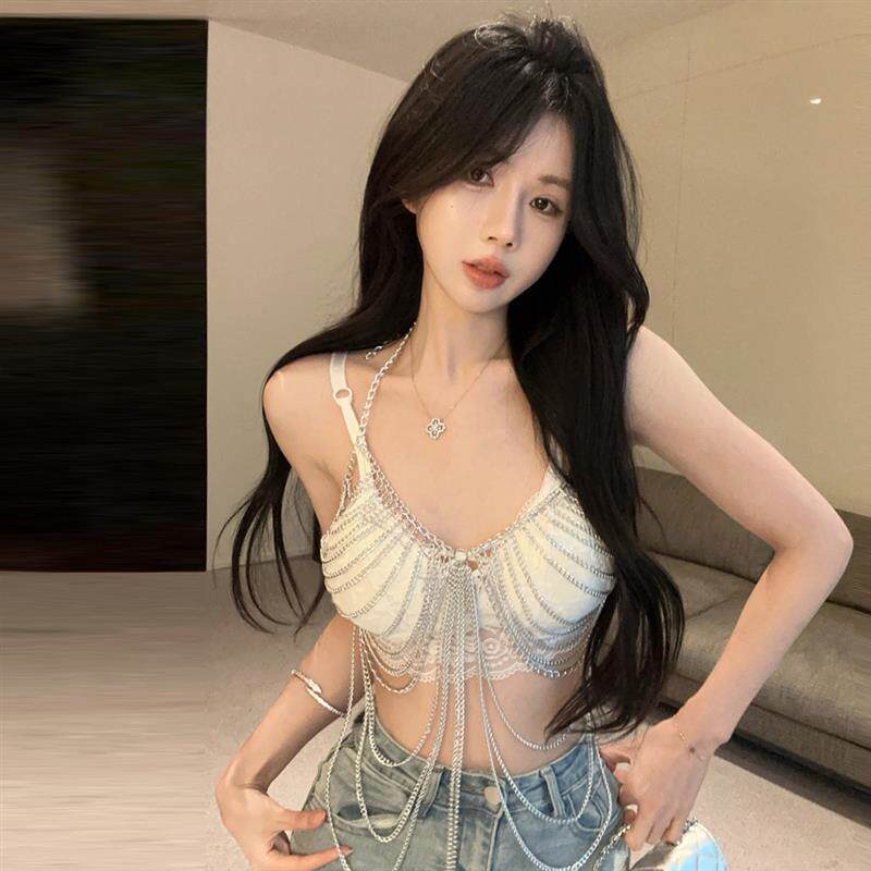纯欲辣妹V领短款蕾丝聚拢吊带胸衣女夏性感露脐显瘦金属链条上衣