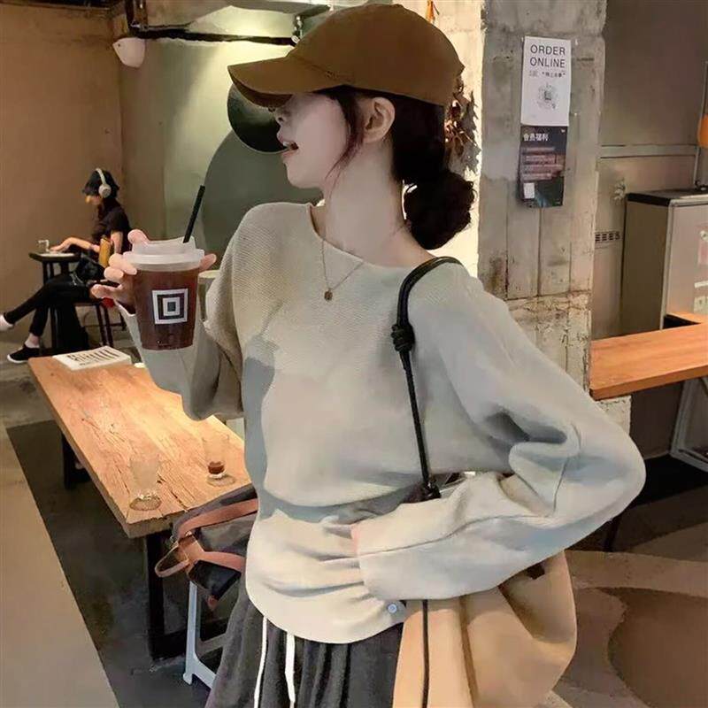 法式高级感长袖针织衫女秋装下摆纽扣褶皱掐腰打底衫修身显瘦上衣