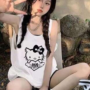 甜辣妹纯棉吊带背心女夏外穿凯蒂猫印花宽松中长t恤坎肩无袖 上衣