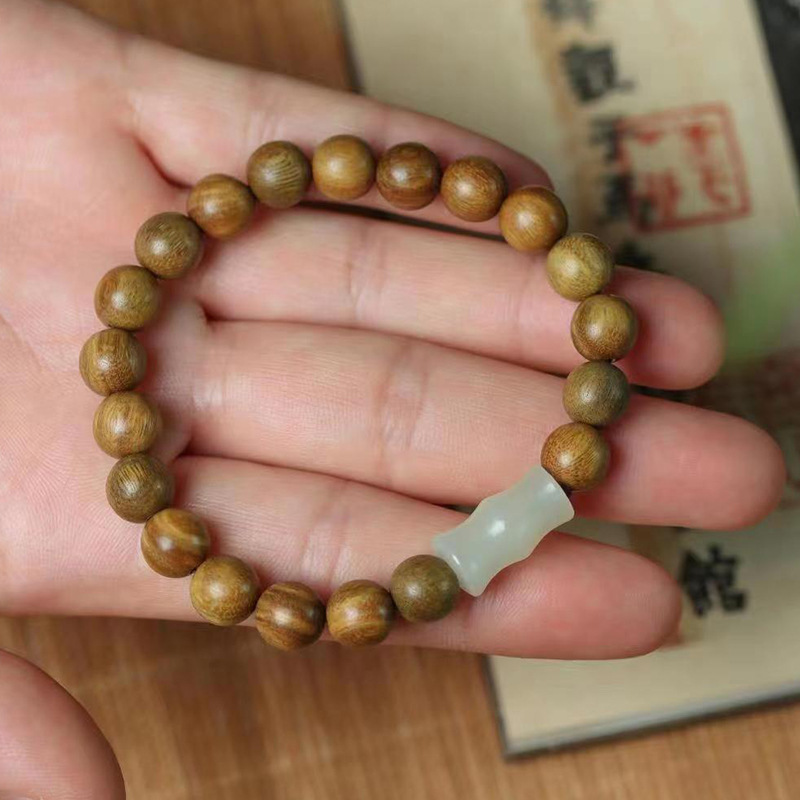 天然绿檀木手串女国风和田玉串珠手链男檀香木质佛珠盘玩文玩情侣