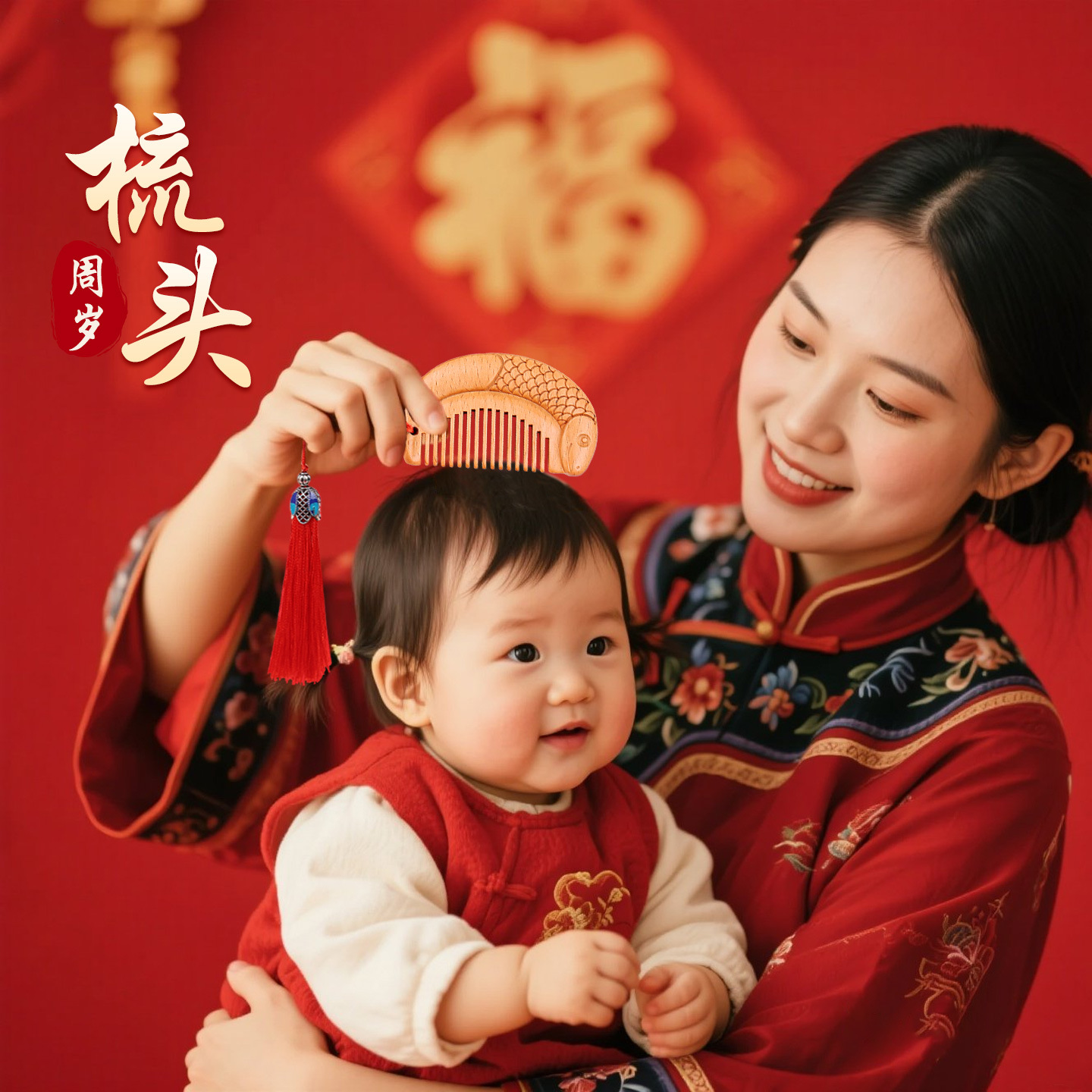 桃木梳子宝宝梳百天周岁抓周专用梳迷你便携随身儿童家用女孩礼物