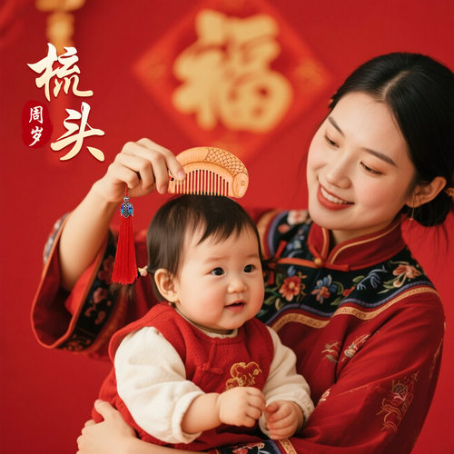 桃木梳子宝宝梳百天周岁抓周专用梳迷你便携随身儿童家用女孩礼物