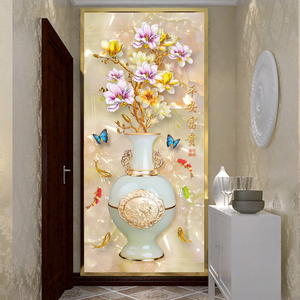大型壁画玄关过道走廊墙纸壁画 背景墙竖版玉雕花瓶墙画玉兰花