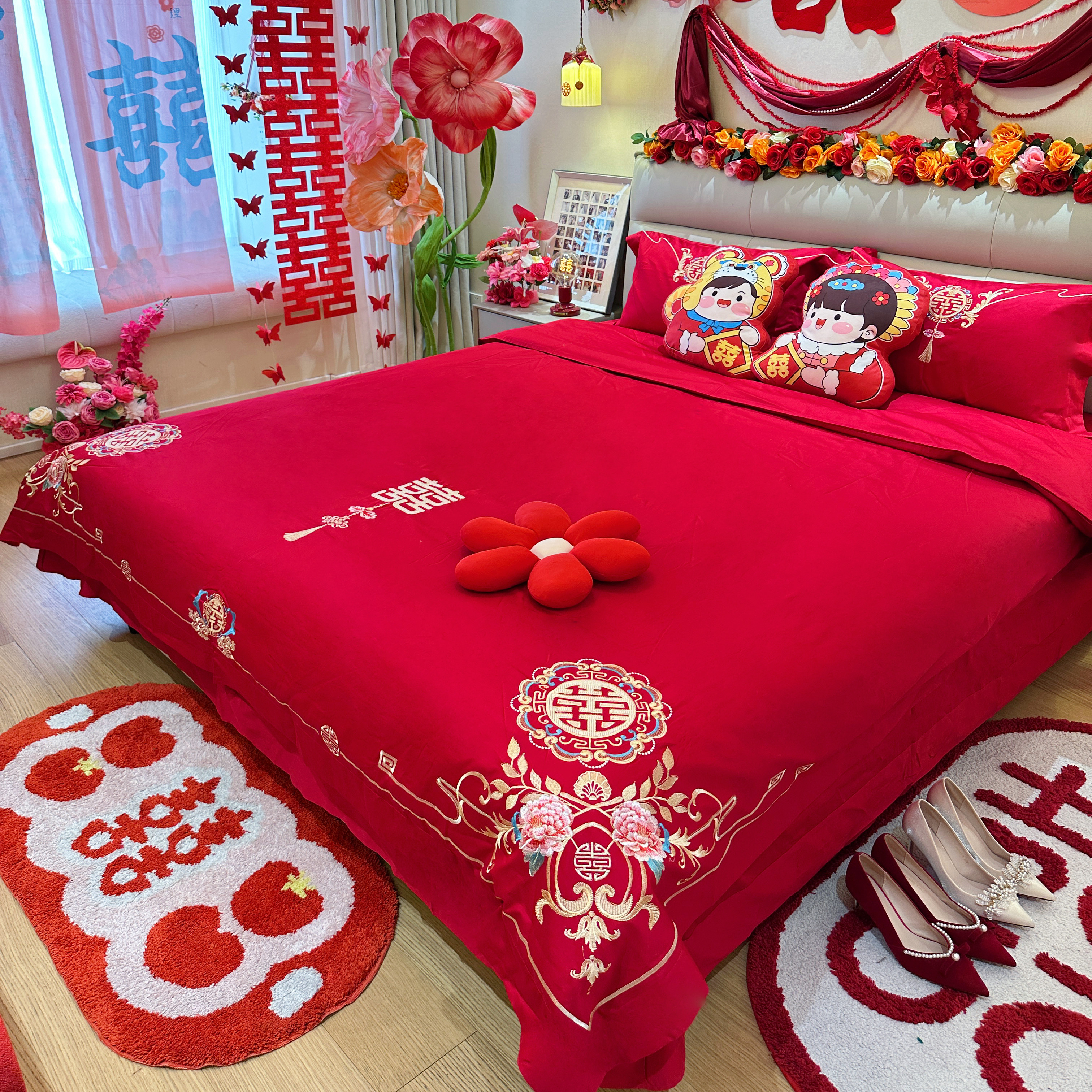 中式双喜刺绣婚庆四件套大红色纯棉床单被套新婚陪嫁结婚床上用品